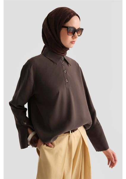 Polo Yaka Tensel Bluz 25Y3736 Kahverengi fırsatları