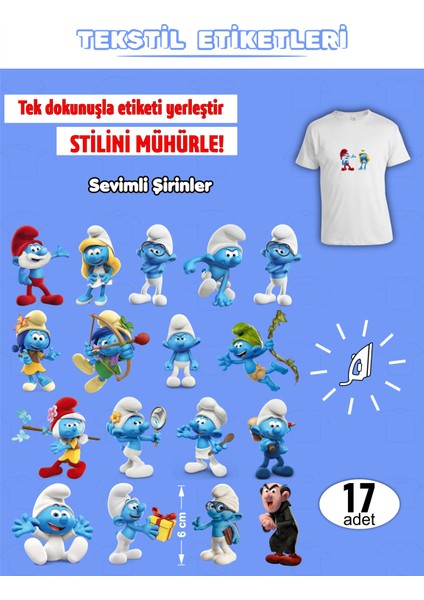 Ütü ile Yapışan Kıyafet Etiketi Şirinler 17Li Set