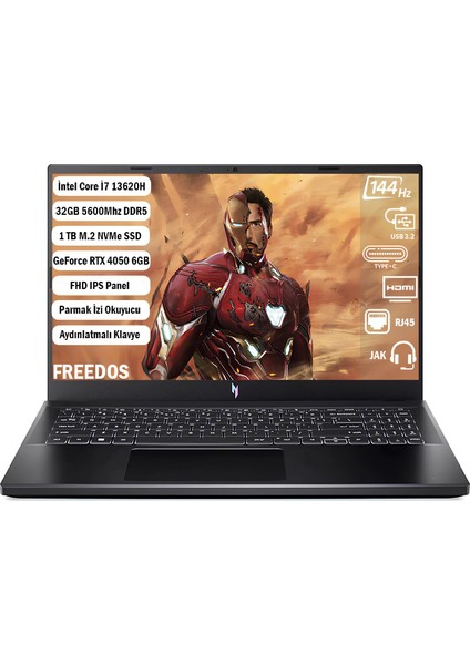 Nitro V 15 I7-13620H 32GB 1tb SSD Rtx 4050-6GB 15.6'' Fhd IPS 144Hz Freedos NH.QNBEY.002+321