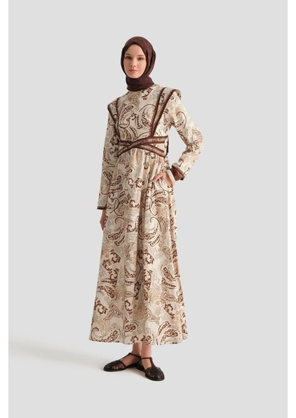 Çoban Dikişli Keten Desenli Elbise 25Y9008 Kahverengi fiyatları