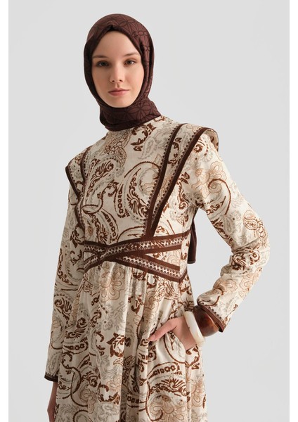 Çoban Dikişli Keten Desenli Elbise 25Y9008 Kahverengi modelleri