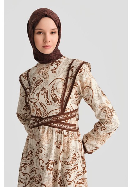 Çoban Dikişli Keten Desenli Elbise 25Y9008 Kahverengi fırsatları