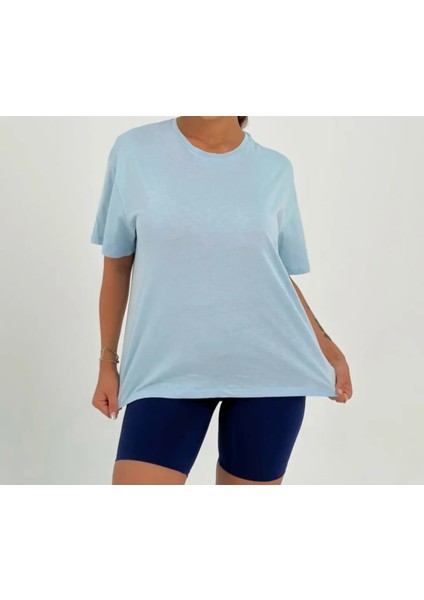 Bebe Mavi Yuvarlak Yaka Kısa Kollu Pamuklu Oversize T-Shirt