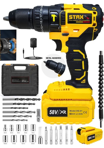 Alman 5800VL 10AH 13 mm Çelik Mandren 25+3 Darbeli Çift Akülü Vidalama Çelik Şanzuman Şarjlı Matkap