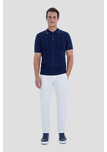 Erkek Lacivert Polo Yaka Örgü Desenli T-Shirt