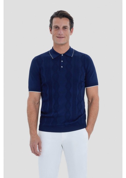 Erkek Lacivert Polo Yaka Örgü Desenli T-Shirt fiyatları