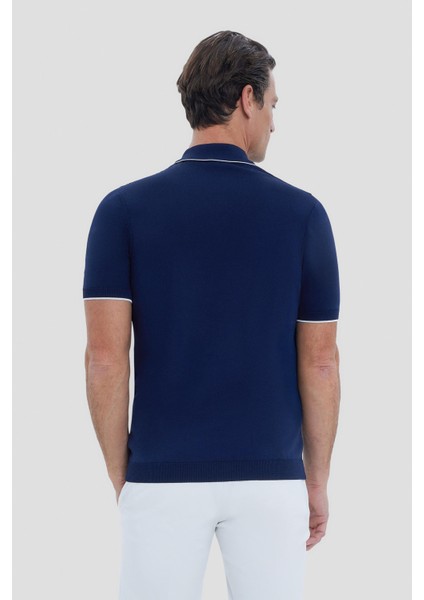 Erkek Lacivert Polo Yaka Örgü Desenli T-Shirt modelleri