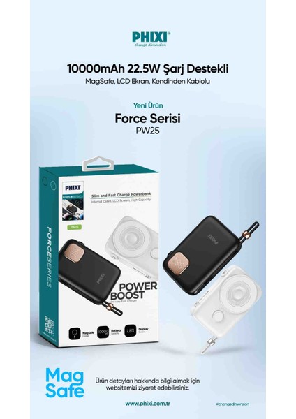 Force PW25 10000mAh 22.5W Kendinden Kablolu MagSafe Powerbank - Kablosuz Mini Şarj Cihazı - Dijital Ekran - Taşınabilir Şarj Cihazı