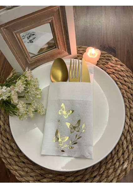 Gold Yaldızlı Beyaz Kelebek Yaprak Detaylı Cepli Kanguru Peçete 12 Adet