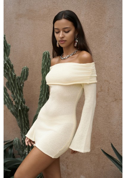 Kirana Carmen Yaka Sarı Mini Triko Elbise fiyatları