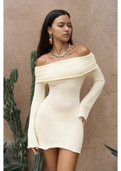 Kirana Carmen Yaka Sarı Mini Triko Elbise modelleri