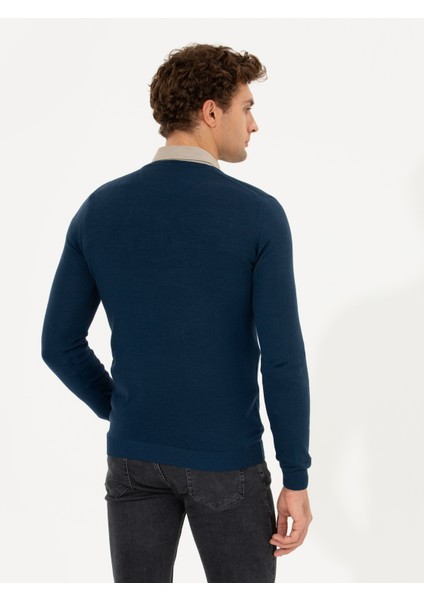 Erkek İndigo Slim Fit V Yaka Basic Triko Kazak 50211259-VR028