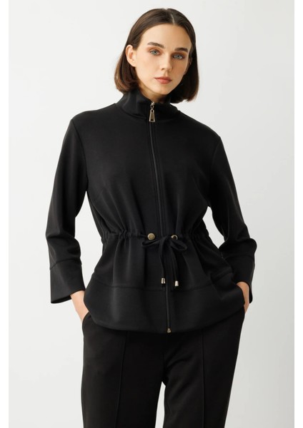 Beli Bağcıklı Dik Yaka Ceket Siyah 54382