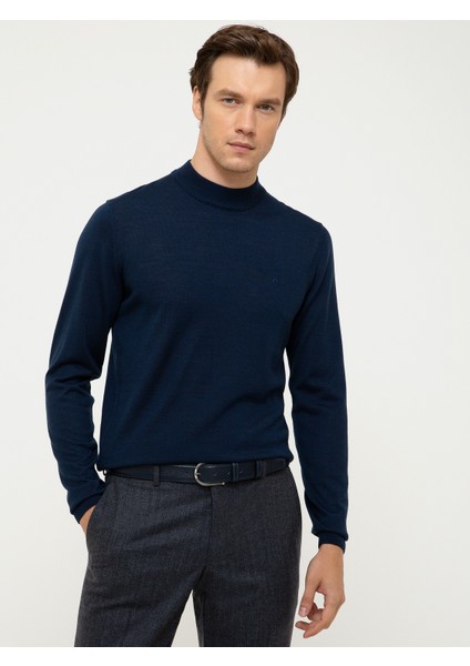 Erkek Lacivert Slim Fit Çeyrek Balıkçı Yaka Basic Triko Kazak 50211332-VR033