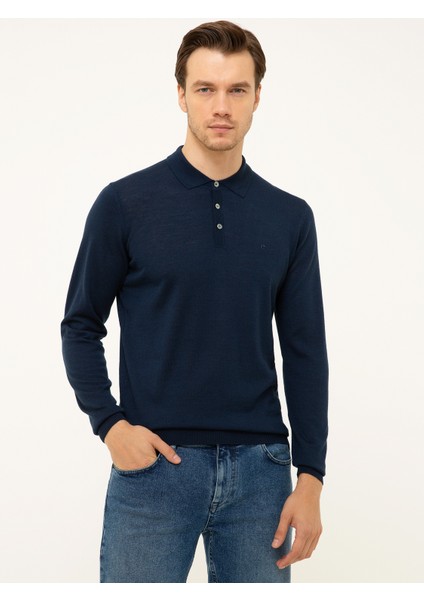 Erkek Lacivert Slim Fit Polo Yaka Basic Triko Kazak 50211330-VR033