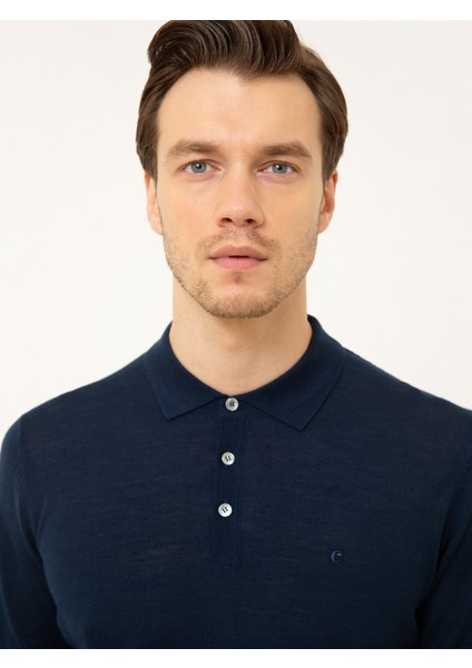 Erkek Lacivert Slim Fit Polo Yaka Basic Triko Kazak 50211330-VR033