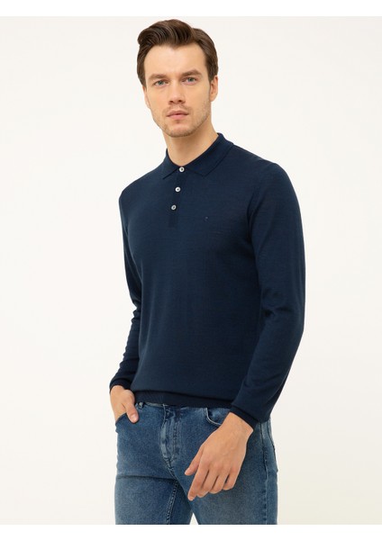 Erkek Lacivert Slim Fit Polo Yaka Basic Triko Kazak 50211330-VR033