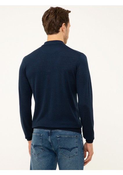 Erkek Lacivert Slim Fit Polo Yaka Basic Triko Kazak 50211330-VR033
