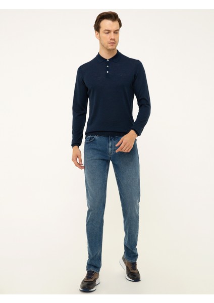 Erkek Lacivert Slim Fit Polo Yaka Basic Triko Kazak 50211330-VR033