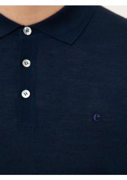 Erkek Lacivert Slim Fit Polo Yaka Basic Triko Kazak 50211330-VR033