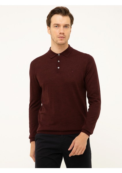 Erkek Bordo Slim Fit Polo Yaka Basic Triko Kazak 50211330-VR014