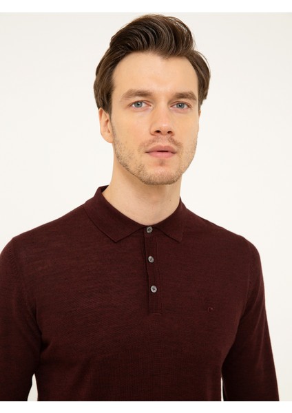 Erkek Bordo Slim Fit Polo Yaka Basic Triko Kazak 50211330-VR014