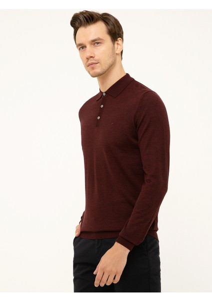 Erkek Bordo Slim Fit Polo Yaka Basic Triko Kazak 50211330-VR014