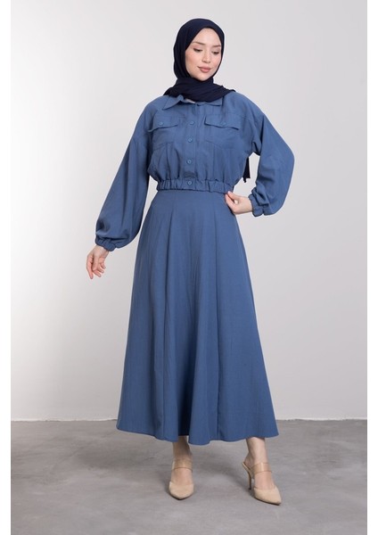 Spor Crop Ceketli Etekli Tesettür Takım Indigo