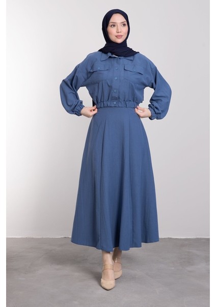 Spor Crop Ceketli Etekli Tesettür Takım Indigo modelleri