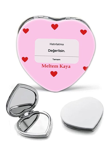 Kişiye Özel İsimli Hatırlatma:değerlisin Baskılı Kalp Deri Ayna Çanta, Cep ve Makyaj Aynası
