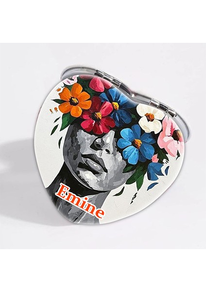 Kişiye Özel İsimli Çiçek ve Kadın Baskılı Kalp Deri Ayna Çanta, Cep ve Makyaj Aynası fiyatları