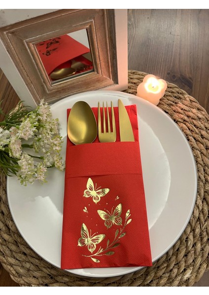Gold Yaldızlı Kırmızı Kelebek Yaprak Detaylı Cepli Kanguru Peçete 12 Adet
