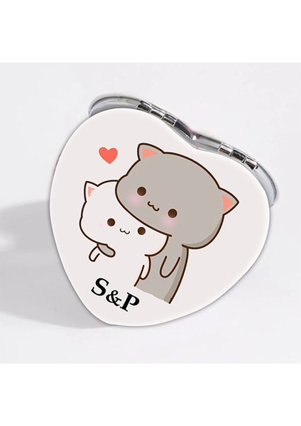 Kişiye Özel İsimli Bubu&dudu Baskılı Kalp Deri Ayna Çanta, Cep ve Makyaj Aynası