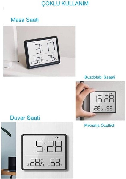 Mıknatıslı LCD Hd Dijital Ekran Pilli Mini Saat Alarm Nem Göstergesi Sıcaklık Ölçer