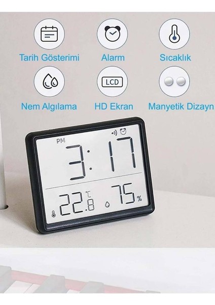 Mıknatıslı LCD Hd Dijital Ekran Pilli Mini Saat Alarm Nem Göstergesi Sıcaklık Ölçer