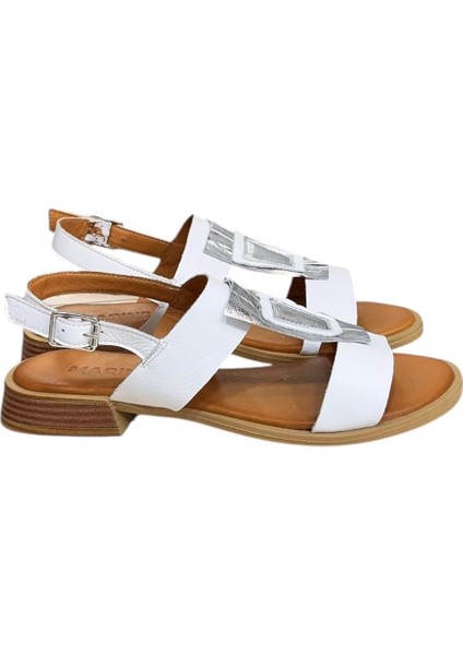Beyaz Hakiki Deri Çift Bantlı Yumuşak Taban Comfort Sandalet