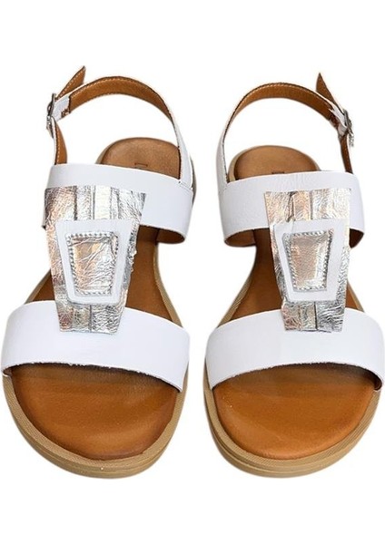 Beyaz Hakiki Deri Çift Bantlı Yumuşak Taban Comfort Sandalet fiyatları