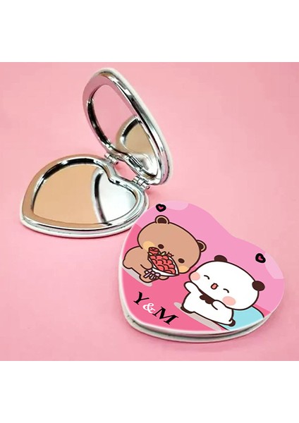 Kişiye Özel İsimli Bubu&dudu Baskılı Kalp Deri Ayna Çanta, Cep ve Makyaj Aynası