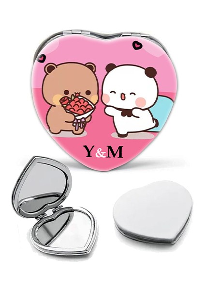 Kişiye Özel İsimli Bubu&dudu Baskılı Kalp Deri Ayna Çanta, Cep ve Makyaj Aynası modelleri