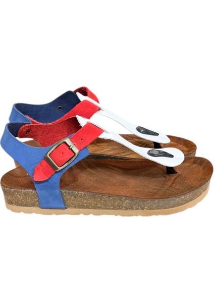 Beyaz Multi Hakiki Deri Parmak Arası Mantar Taban Tokalı Sandalet