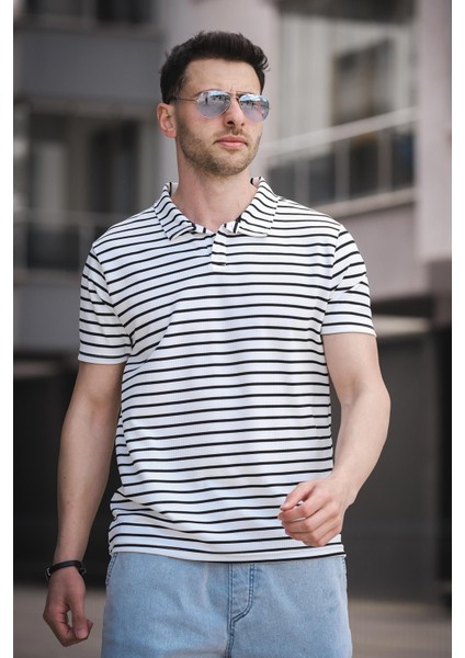 Ht 947008 Slim Fit Likralı Yarım Pat Çizgili Polo Yaka Erkek Tshirt