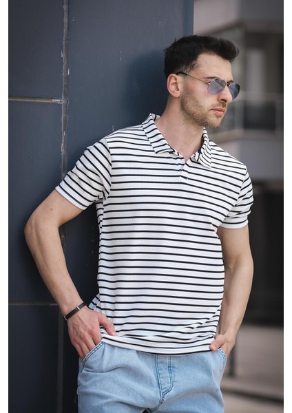 Ht 947008 Slim Fit Likralı Yarım Pat Çizgili Polo Yaka Erkek Tshirt modelleri