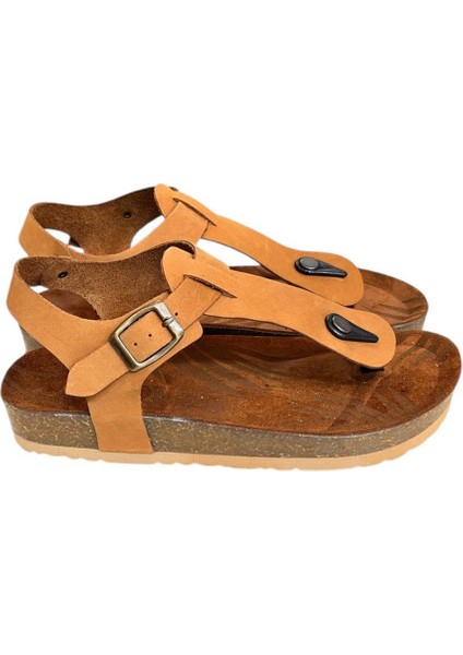 Taba Hakiki Deri Parmak Arası Mantar Taban Tokalı Sandalet