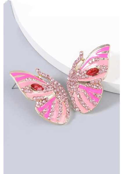 Mineli ve Taşlı Pembe Kelebek Küpe