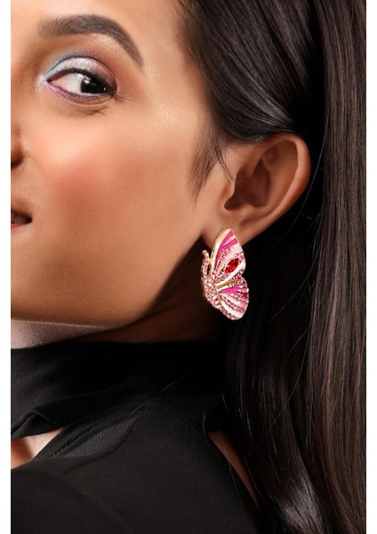 Mineli ve Taşlı Pembe Kelebek Küpe fiyatları