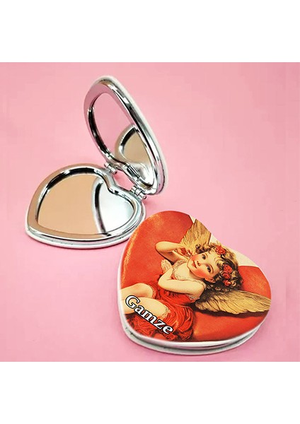 Kişiye Özel İsimli Bebek Baskılı Kalp Deri Ayna Çanta, Cep ve Makyaj Aynası