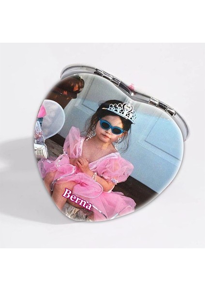 Kişiye Özel İsimli Çocuk Baskılı Kalp Deri Ayna Çanta, Cep ve Makyaj Aynası
