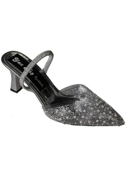 Yazkış Kadın Gümüş Önü Kapalı Sivri Burun Taşlı Arkası Lastikli 8cm Kadeh Topuk Abiye Ayakkabı