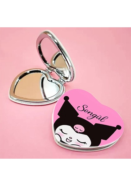 Kişiye Özel İsimli Kuromi Baskılı Kalp Deri Ayna Çanta, Cep ve Makyaj Aynası