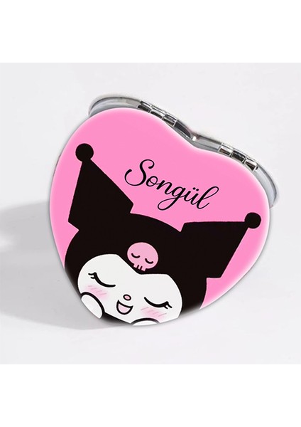 Kişiye Özel İsimli Kuromi Baskılı Kalp Deri Ayna Çanta, Cep ve Makyaj Aynası modelleri